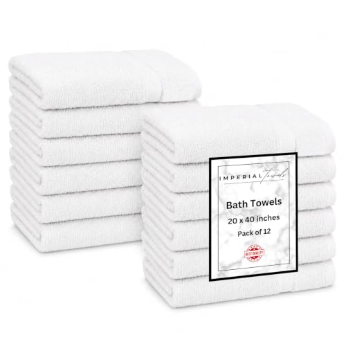 Imperial Towels Pack of 12 White 20x40 Inch Cotton Bath Towels - Fast Drying, Commercial Use