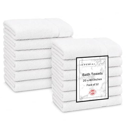 Imperial Towels Pack of 12 White 20x40 Inch Cotton Bath Towels - Fast Drying, Commercial Use