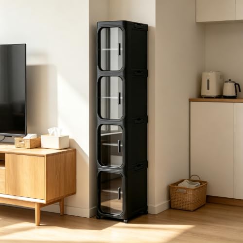 Black 4-Tier Slim Storage Cabinet - Narrow Bathroom Organizer on Wheels
