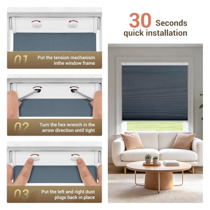 Blackout Cellular Shades 54x48 Inches - No Drill Window Blinds Navy Blue