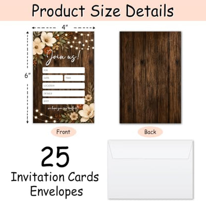 25 Pack Rustic Wood Floral Invitations with Envelopes - Fill-in Party Cards