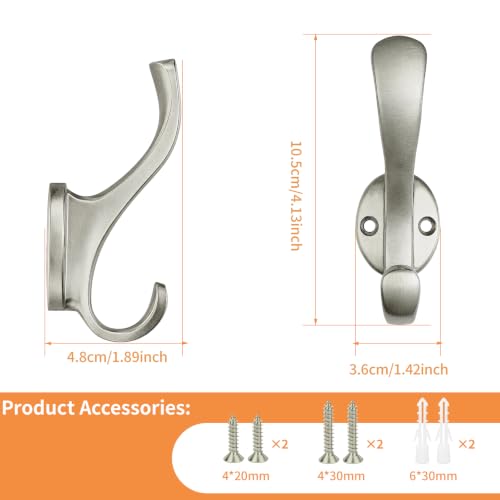 Heavy Duty Coat Hooks 6 Pack - Brushed Nickel Wall Mount Aluminum Hangers