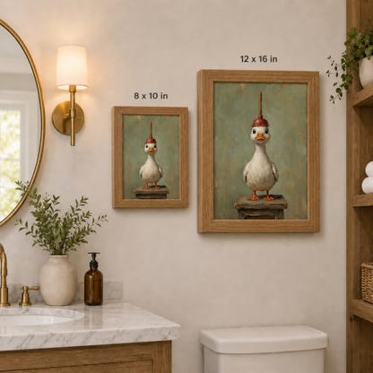 Framed Funny Bathroom Duck Wall Art - 8x10 Inch Canvas Decor - Duck with Toilet Plunger
