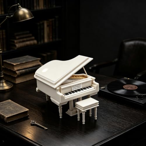 White Piano Music Box with Bench & Black Case - Melody for Elise Gift