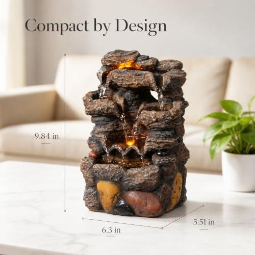 Small Resin Water Fountain with LED Lights - Desktop Indoor Waterfall