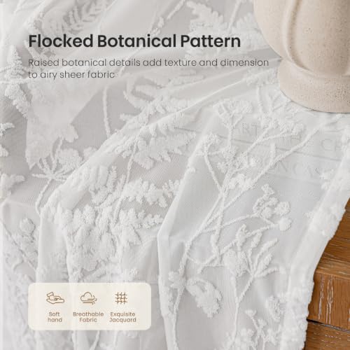 Ivory White 3D Floral Semi Sheer Curtains Set - 52W x 84L, 2 Panels, Pack of 2