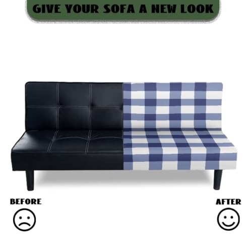 Blue White Buffalo Plaid Armless Futon Slipcover - Elastic Couch Protector for Bedroom & RV