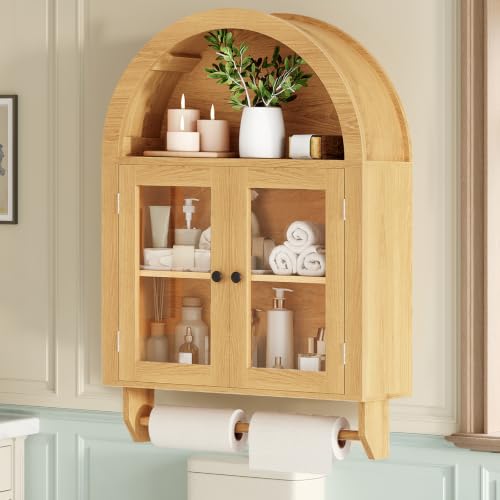 Arched Bathroom Wall Cabinet with Glass Doors and Towel Bar - Natural Wood Finish
