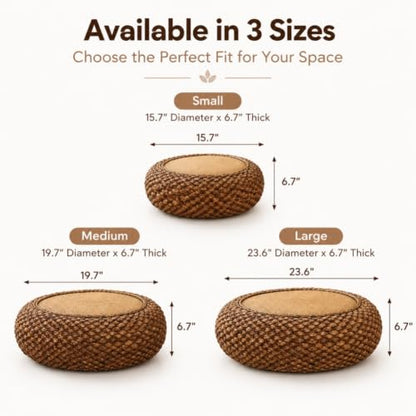 Japanese Floor Pillow Tatami Meditation Cushion Khaki 15.7x15.7x6.7 inches – Natural Woven Rattan Support
