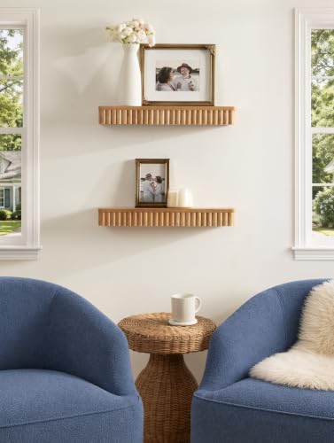 Natural Mango Wood Floating Shelves Set - Modern Ribbed Wall Decor