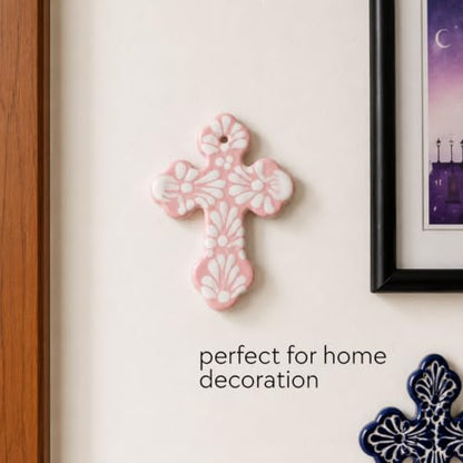 Mini Talavera Cross Wall Decor - Hand-Painted Mexican Ceramic Cross Pink