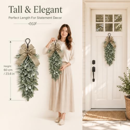 All-Season Farmhouse Flocked Lambs Ear Teardrop Swag with Burlap Bow, Rustic Door Decor