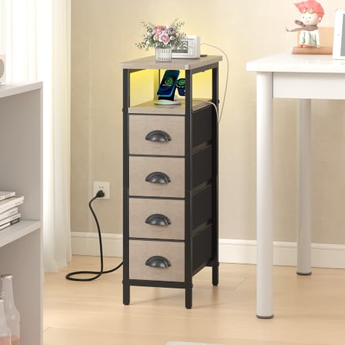 Nightstand Set 2 with Charging Station - Grey, 4 Fabric Drawers & LED RGB Light (Variation: Grey / Power & LED)