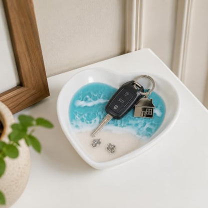 Beach Jewelry Dish Heart Sea Turtle Ring Holder with Marine Resin Decor