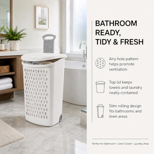 135L White Wheeled Plastic Laundry Hamper with Lid - Large Capacity, Portable
