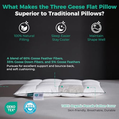White 2.5 Inch Flat Goose Down Feather Pillow - Standard Size, Hotel Collection