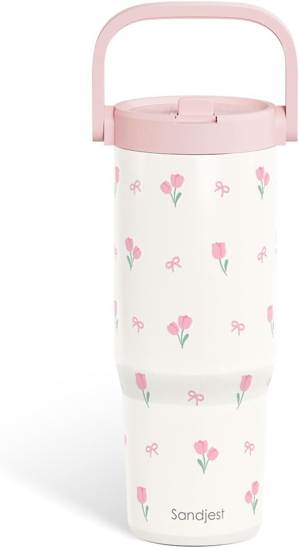 SANDJEST 30oz Insulated Tumbler with Stainless Steel Straw Lid - Perfect Travel Coffee Cup for Women & Girls