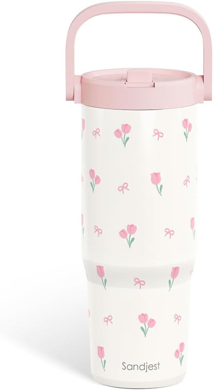 SANDJEST 30oz Insulated Tumbler with Stainless Steel Straw Lid - Perfect Travel Coffee Cup for Women & Girls