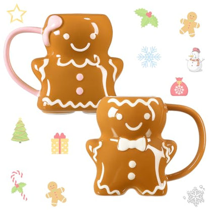 Gingerbread Man Christmas Ceramic Mug Set - 14 oz, 3D Holiday Coffee Cups