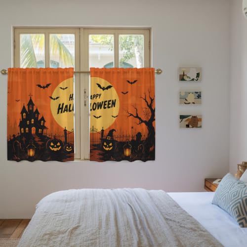 Orange Halloween Tier Curtains Set - Black Pumpkins & Moon Design, 27.5W x 45L, Pack of 2