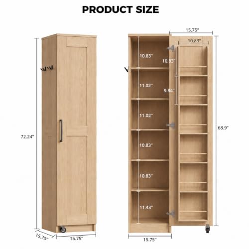 IRONCK Narrow Kitchen Pantry Cabinet - 72" Tall, Natural Wood Finish, Slim Storage