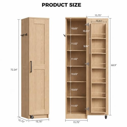 IRONCK Narrow Kitchen Pantry Cabinet - 72" Tall, Natural Wood Finish, Slim Storage