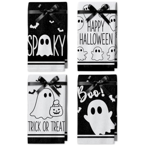 Halloween Kitchen Towels Set with Ghost Prints - 4 Pack, 18 x 26 in, Black & White