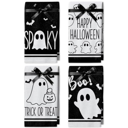 Halloween Kitchen Towels Set with Ghost Prints - 4 Pack, 18 x 26 in, Black & White