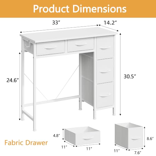 33-Inch Small Computer Desk with 5 Fabric Drawers - White, Compact Workspace