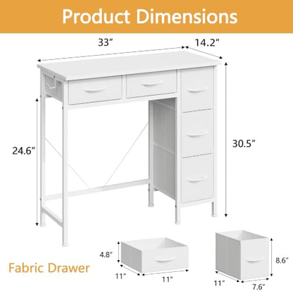 33-Inch Small Computer Desk with 5 Fabric Drawers - White, Compact Workspace