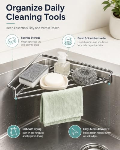 1pc Stainless Steel Corner Sink Shelf with Wire Sponge Holder & Drying Rack