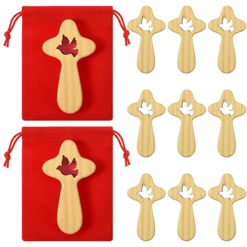 Holy Spirit Dove Pocket Cross Set with Red Velvet Pouches - Christian Prayer Accessory