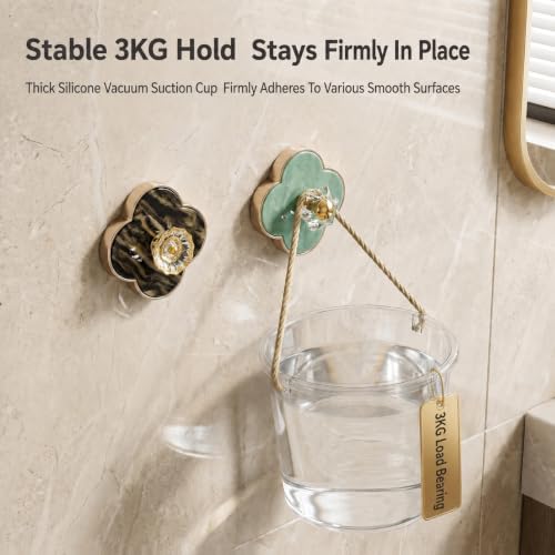 Decorative Clover Shower Hooks 4 Pack - Gold Marble No Drill Bathroom Towel Hangers, Removable Wall Mounts, Style 1