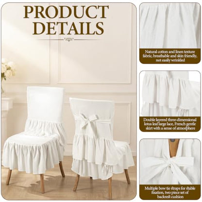 White Ruffled Chair Cover Set with Seat Cushion | Linen Dining Chair Slipcover