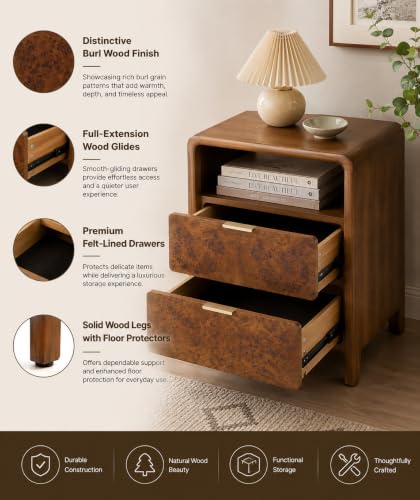 Burl Finish Nightstand with USB-C & 2 AC Outlets, 2-Drawer Bedside Table - Brown