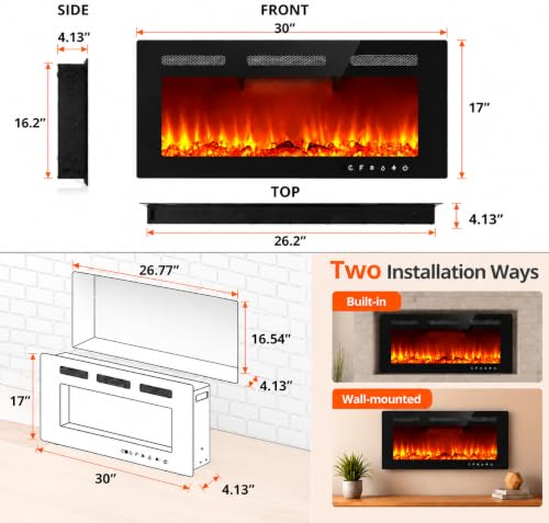 GAOMON 30 Inch Ultra-Thin Wall-Mounted Electric Fireplace with Dual Flame & Heater