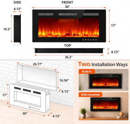 GAOMON 30 Inch Ultra-Thin Wall-Mounted Electric Fireplace with Dual Flame & Heater
