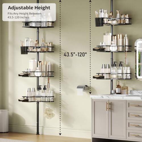 Adjustable Corner Shower Caddy Tension Pole, 4-Tier Bathroom Organizer