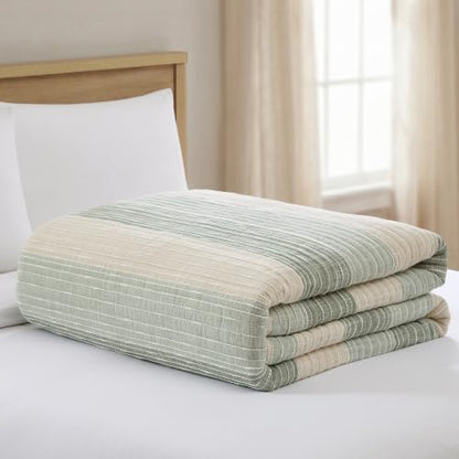 King Quilt Reversible Cotton Sand Stripes Sage Bedding 106x92in - Coastal Style
