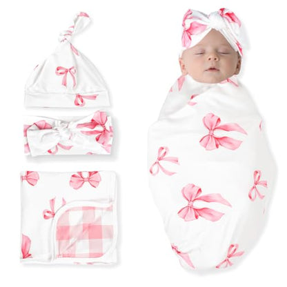Baby Girl Swaddle Blanket Set with Headband and Beanie - Pink Bows, 30x30 Inches, Soft & Stretchy Newborn Receiving Set