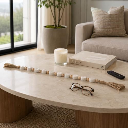 Marble Bead Garland for Home Decor - White Tassel Accent, 36 Inch