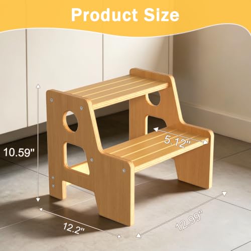 Wooden 2 Step Stool for Kids - Non-Slip Toddler Step Ladder with Handle - Oak1 Variation