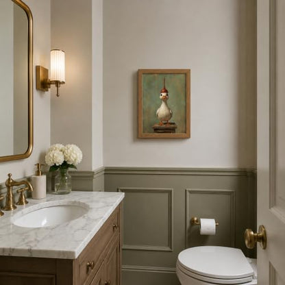 Framed Funny Bathroom Duck Wall Art - 8x10 Inch Canvas Decor - Duck with Toilet Plunger