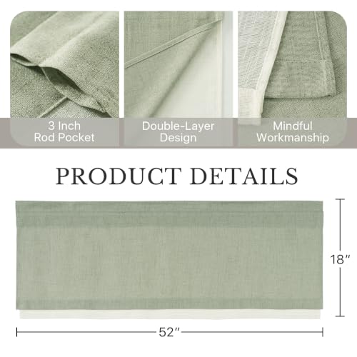 NICETOWN Sage Green Linen Valance 52x18 Inch Double Layer Window Curtain - Farmhouse Style