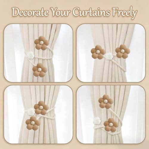 Brown Curtain Tiebacks Set - Boho Twist Rope Holders with Fabric Flowers