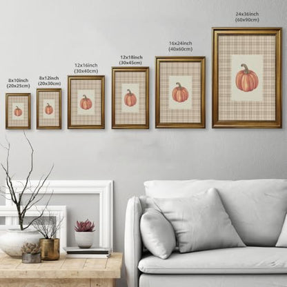 Watercolor Pumpkin Wall Art Prints with Retro Gold Frame - 8x10 Inch Fall Decor