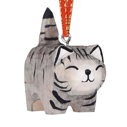 Grey Wooden Cat Christmas Ornament - Handmade Holiday Hanging Decor