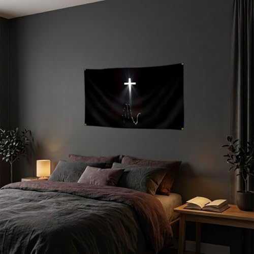 Christian Cross & Praying Hand Tapestry Wall Banner - 3x5 ft Religious Decor