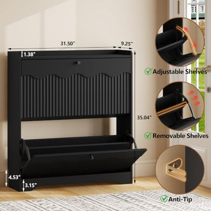 Slim Shoe Storage Cabinet with Flip Drawers and Wave-Edge Panels
