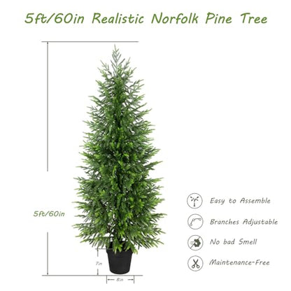 2 Pack 5ft Artificial Norfolk Pine Christmas Tree for Indoor Outdoor Decor - Real Touch Faux Tree with Black Pot